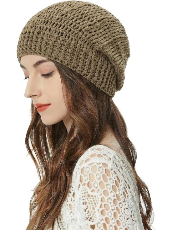 Women\'s Cotton Crochet Slouchy Beanie Hat Handmade Knit Summer Skull Cap Khaki main image 7